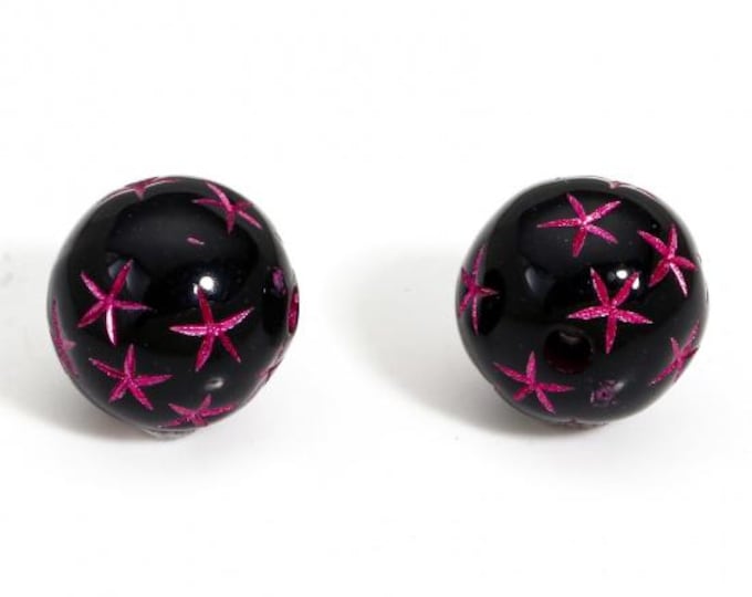 25 Pcs 12mm Black w/Fuchsia Star Round Acrylic Beads (A488i)
