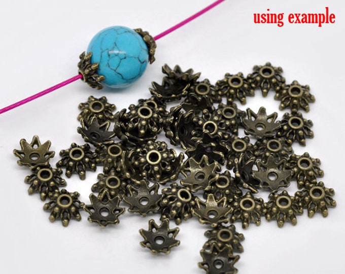 50 Antique Bronze Tone Alloy Bead Caps 9mm (A360b)