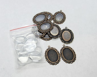 10 Red Copper Cabochon Oval Trays w/Glass Domes 28x20mm (A48c)