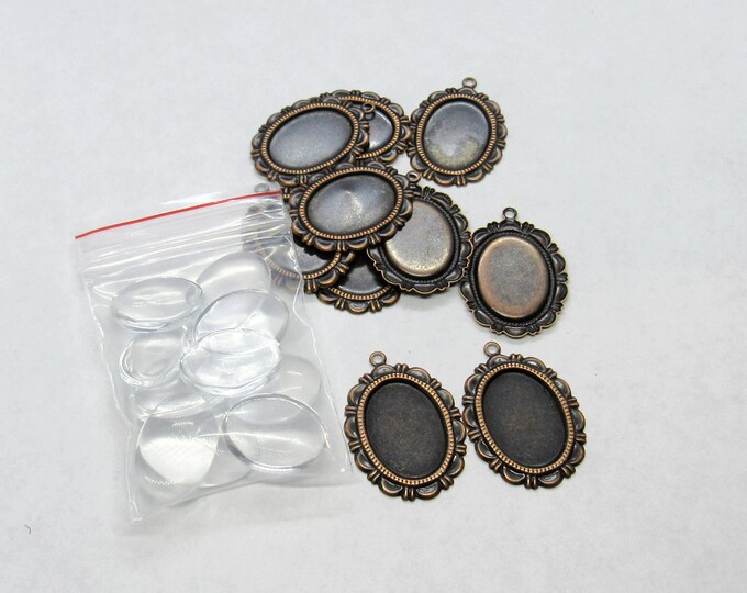10 Red Copper Cabochon Oval Trays w/Glass Domes 28x20mm (A48c)