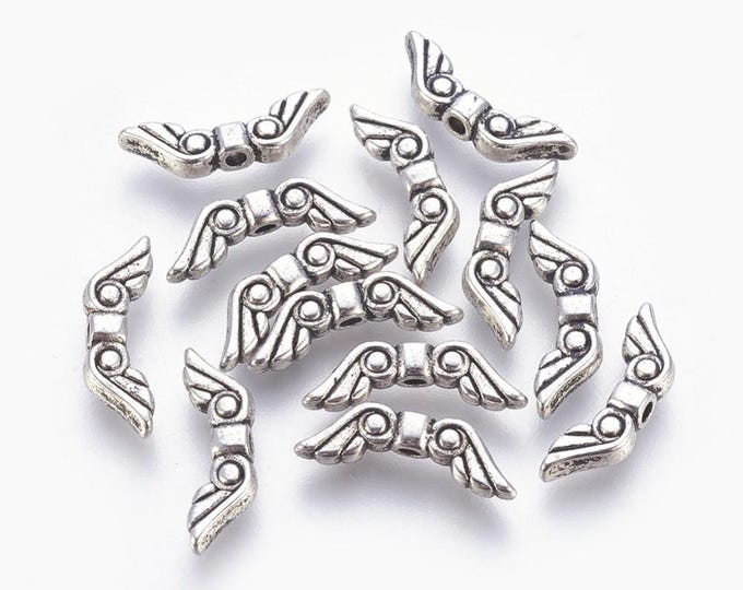 25 Antique Silver Tone 16x5mm Alloy Angel Wing Spacer Beads (A376d/e)