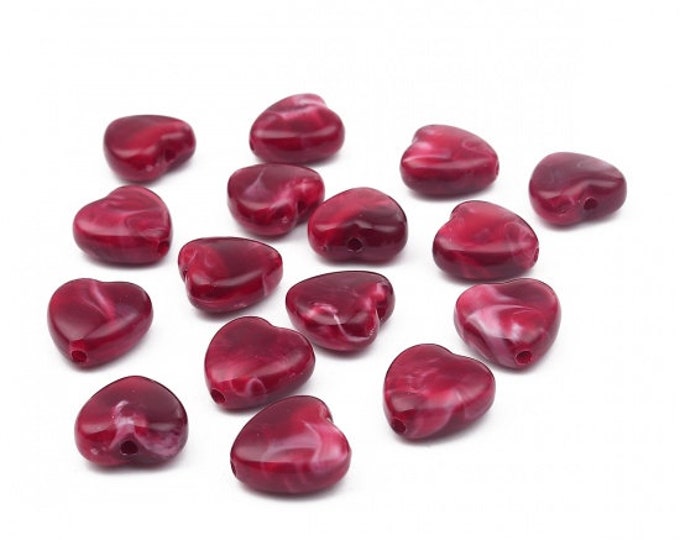 10 Wine Red 14x14mm Heart Marble Effect Acrylic Beads (A267k)