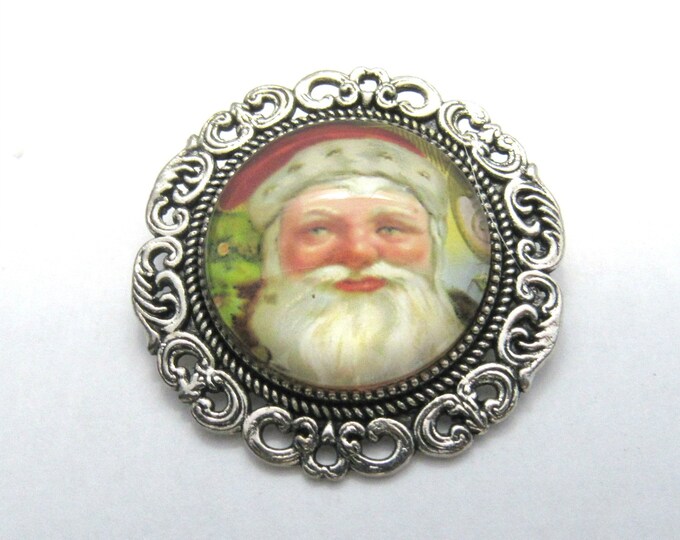 Antique Silver Tone Santa Claus Father Christmas Glass Cabochon Brooch/Pin 1.5" (J10e1)