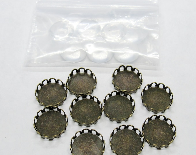 10 Antique Bronze Cabochon Tray Settings w/Transparent Glass Domes 10mm (A186f)