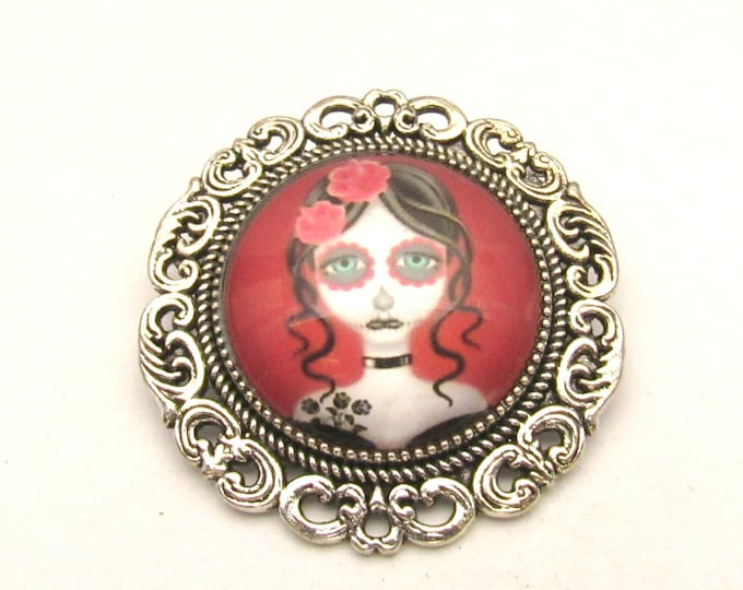 Antique Silver Tone Day of the Dead Woman Glass Cabochon Brooch/Pin 1.5" (J10f17)