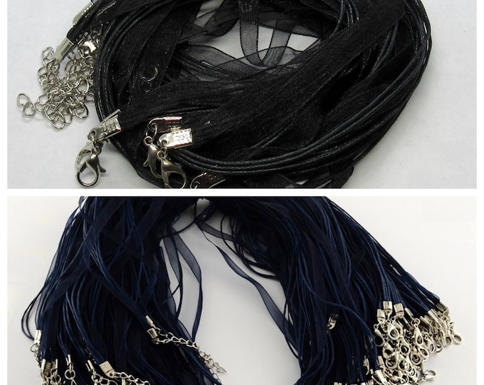 Black or Marine Blue 10  Organza Ribbon & Waxed Cotton Cord Necklaces w/Platinum Findings (a46f/432f)