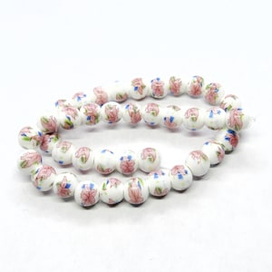 1 Strand  Floral 8mm Round Ceramic Beads - Pink & White (203r)