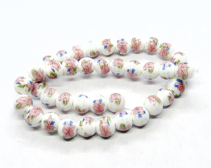 1 Strand  Floral 8mm Round Ceramic Beads - Pink & White (203r)
