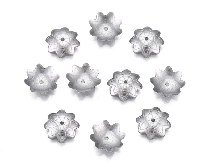 25 (304) Stainless Steel Multi Petal Flower Bead Caps 10.5mm Fits 10mm+ Beads (A363p)