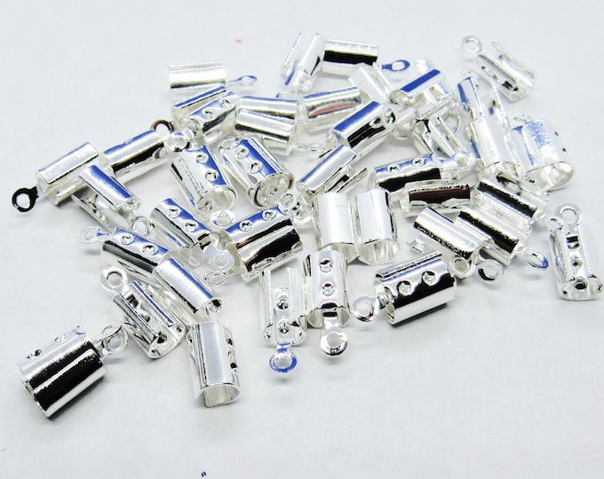 50 Silver Plated Copper Crimp 7.5x5.2mm Cord Ends (Fits 4mm Cord) (A143L)