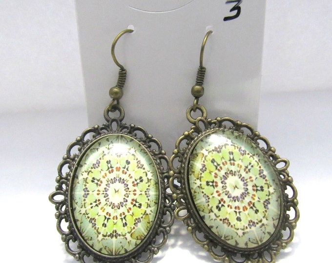 Oval Mandala Glass Cabochon Earrings Antique Bronze Setting (J10d3)