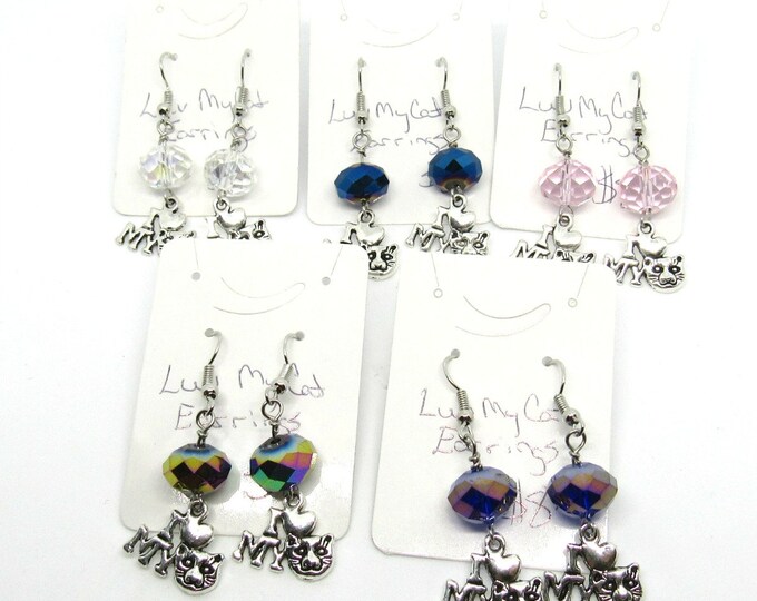 Choice of Color Crystal & Silver Tone I Love My Cat Earrings w/ Silver Tone Earwires  (J4a46-50)