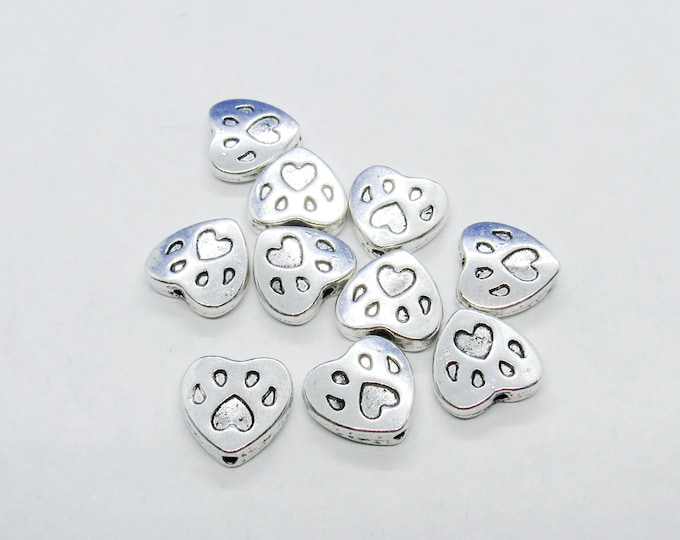 10 Antique Silver Tone 12 x 11mm Heart Spacer Beads w/Pawprints (A193h)
