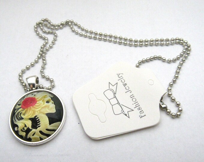 Silver Tone Day of the Dead Woman's Skull Glass Cabochon Pendant Necklace on 3mm Stainless Steel Ball Chain 20" (J9f)