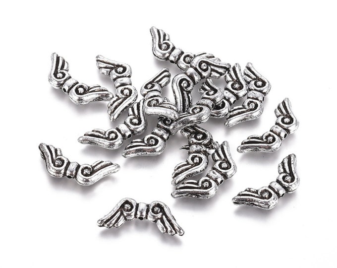 50 Antique Silver Tone 21x9mm Acrylic Angel Wing Spacer Beads (A348d)