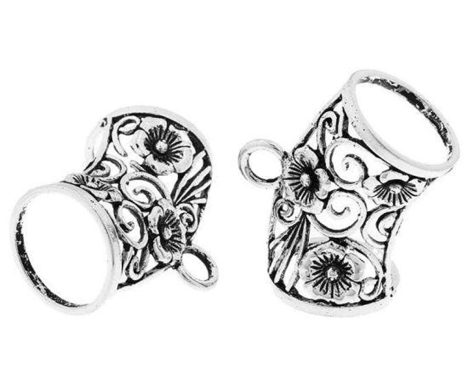 2 Antique Silver Alloy Wrap Scarf Bails w/Flower Pattern 4.4cm (A288e)