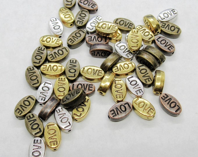 50 Assorted Tone Alloy Oval "LOVE" 10x6mm Spacer Beads  (A176c)