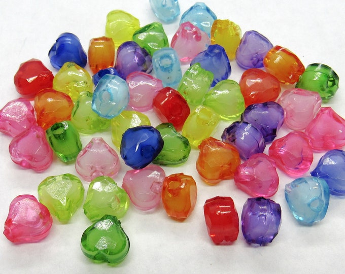 50 Assorted Color Acrylic Transparent Faceted Heart  7x8x5mm Beads (A141b)
