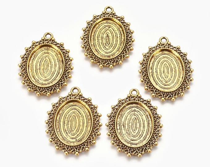 5 Antique Gold Cabochon Oval Pendant Trays 39x29mm (Fits 25x18mm Cabs) (A474d)