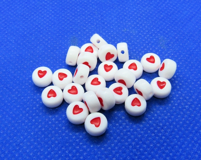 25 White Acrylic Round 7x4mm Beads w/Red Heart Beads (A71b)