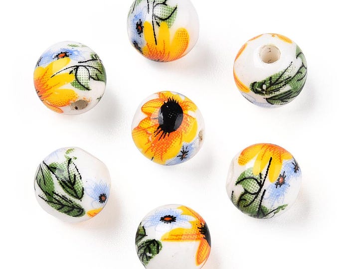 20Pcs 8mm Round Flower Print Porcelain Beads - Yellow & White (a498i)