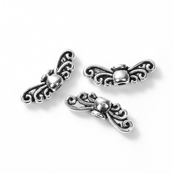 50 Antique Silver Tone 14x5mm Alloy Angel Wing Spacer Beads (A290e)