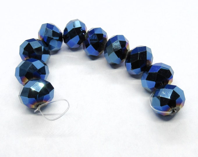 1 Strand Faceted 14x10mm Rondelle Tiara Glass Crystal Beads - Metallic Indigo Blue  (A122v)