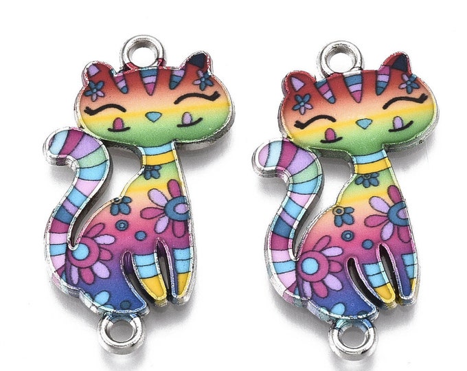 5 Platinum Tone Rainbow Cat Connector Links 29.5mm x 16.5mm  (A366f)