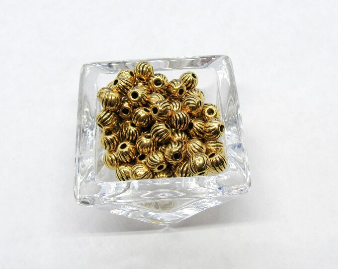 100 Antique Gold Tone 5mm Alloy Round Carved Stripe Spacer Beads  (A50f)