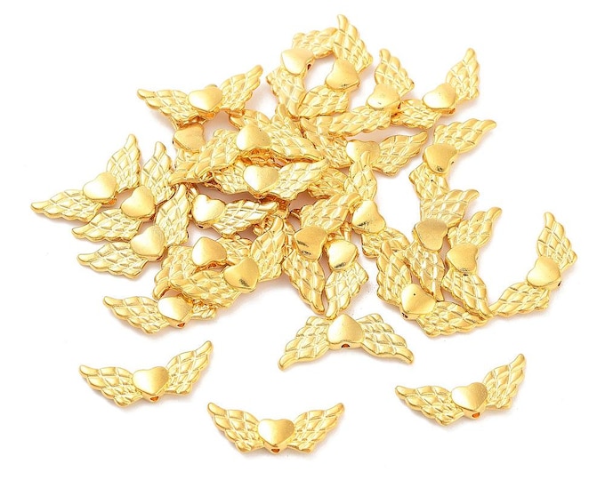 25 Gold Tone 18.5x11mm Alloy Angel Wing w/Heart Spacer Beads (A295e)