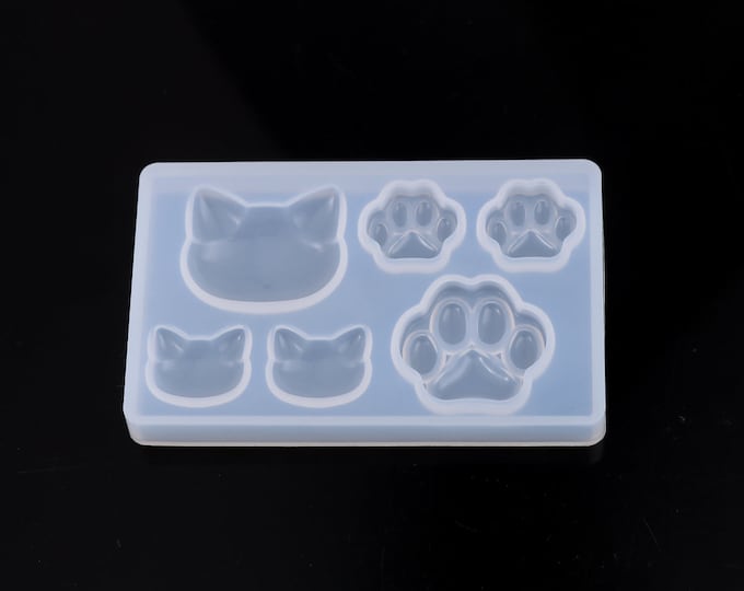 1 Silicone Cat Head/Pawprints 6 in 1 Resin Mold For Jewelry Making (A219e/BU12)