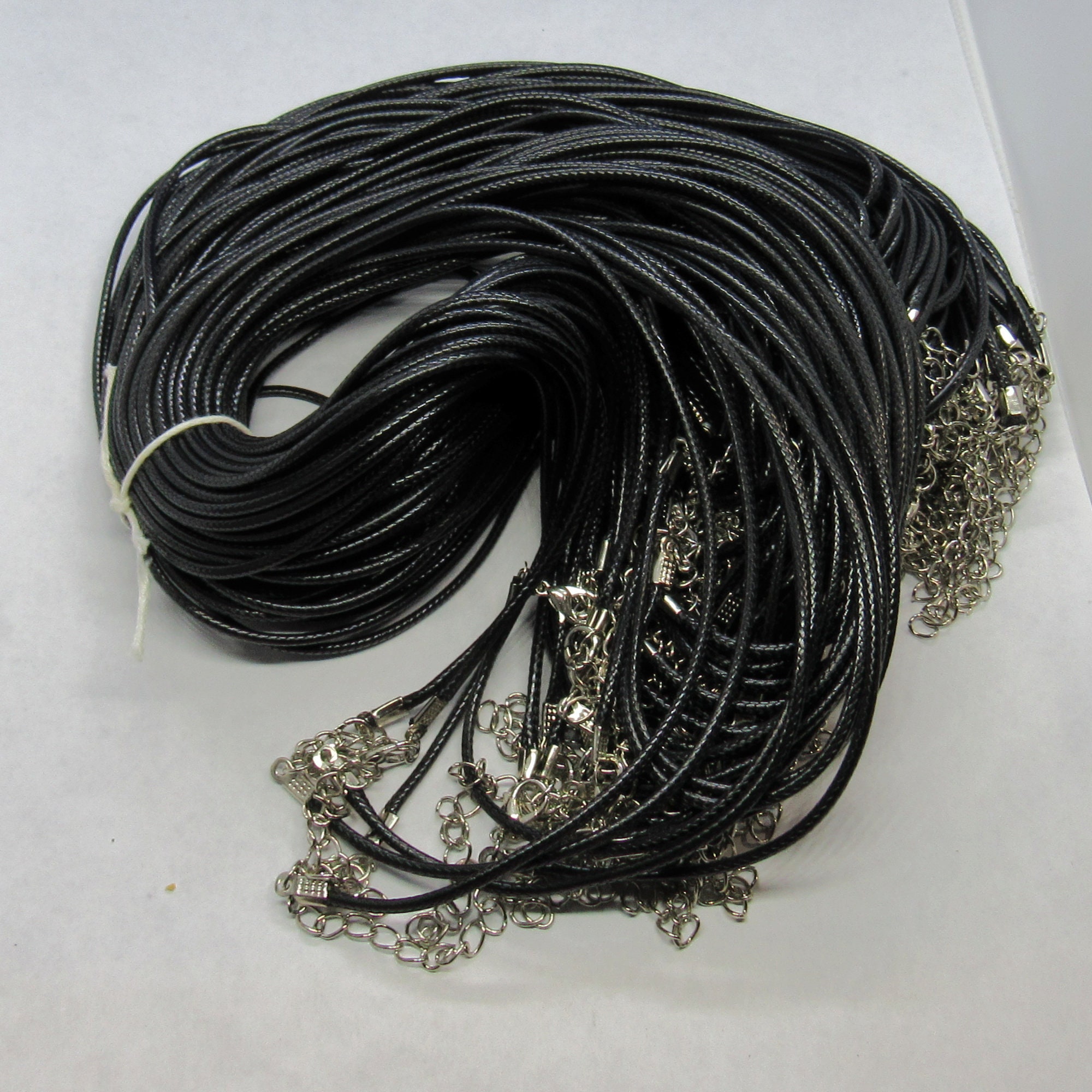 8 Pc Imitation Black Leather Cord Necklaces W/platinum Tone