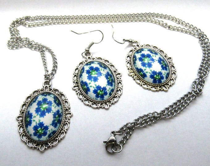 Oval Flower Glass Cabochon Necklace & Earring Set Antique Silver Setting on 24" Stainless Steel Chain (J10c12)