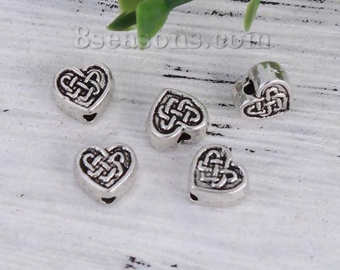 25 Antique Silver Tone Alloy 7x7mm Heart w/Chinese Knot Spacer Beads  (A487a)