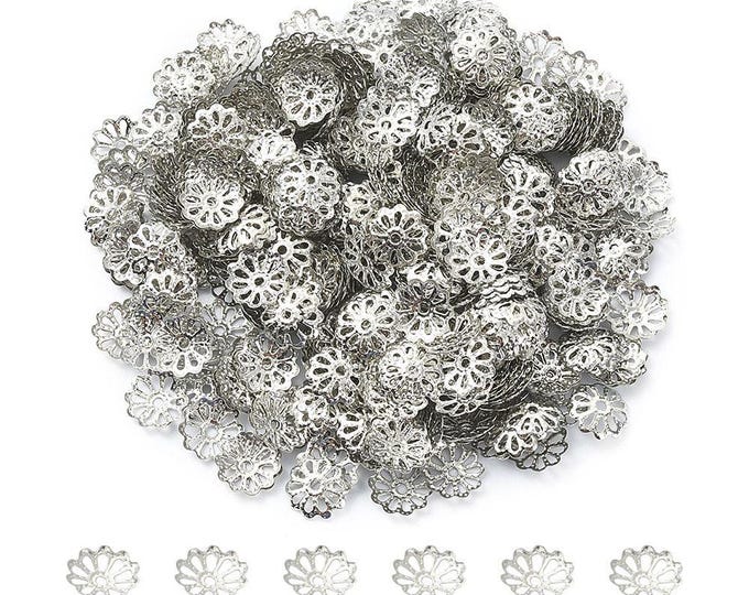 500 Platinum Tone Alloy Multi Petal Flower Bead Caps 9mm (A511b)