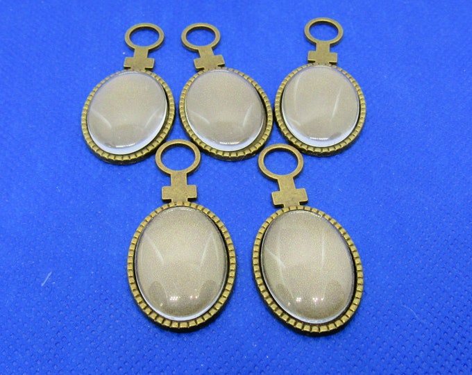 5 Antique Bronze Cabochon Oval Trays w/Female Symbol 46x22mm & Glass Domes (A6y)