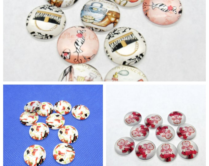 Choice of Design 10 Half Round Dome Flat Back Glass Cabochons 20mm