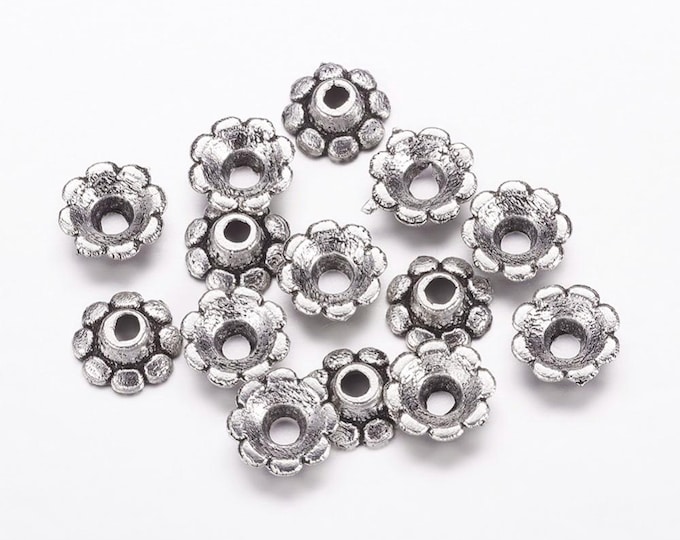 50 Antique Silver Tone Alloy Bead Caps 8mm (A295i)