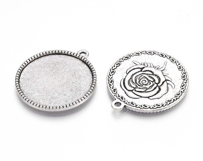 5 Antique Silver Tone Round Rose Cabochon 31x27.5x2mm (Fits 25mm) Pendant Trays  (A288d)