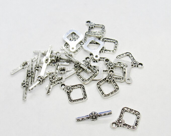 15 Sets Antique SilverTone Rhombus Toggle Clasps w/ Flower 21x16mm  (A79i)