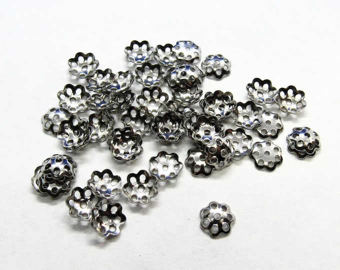 50 (304) Stainless Steel Flower Bead Caps 6x6mm Fits 10mm Beads (A2g)