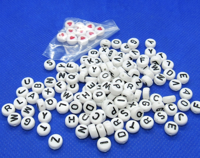 125 Mixed Acrylic Round Alphabet Letter Beads 7x4mm w/10 Heart Beads (A71a)
