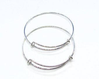 2 Silver Tone Alloy Expandable Charm Bangle Bracelets 7 7/8" (A42f)