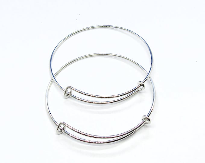 2 Silver Tone Alloy Expandable Charm Bangle Bracelets 7 7/8" (A42f)