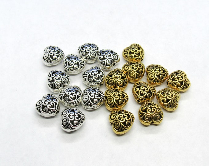 10 Pc Antique Gold  13 x 13mm Puffed Carved Heart Spacer Beads (A85d/e)