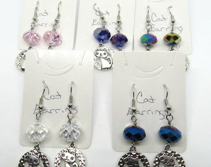 Choice of Color Crystal & Silver Tone Cat Earrings w/ Silver Tone Earwires  (J4c56-60)