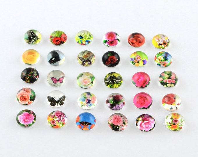 20 Asst Flower/Butterfly Half Round Dome Flatback Glass Cabochons 10mm (A1f)