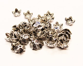 50 Antique Silver Tone Alloy Bead Caps 9x4mm (Fits 8mm-12mm Beads) (A1e)
