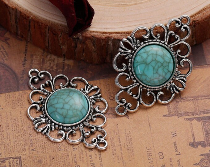 1 Silver Tone and Faux Turquoise Connector Link 53x35mm (A231f)
