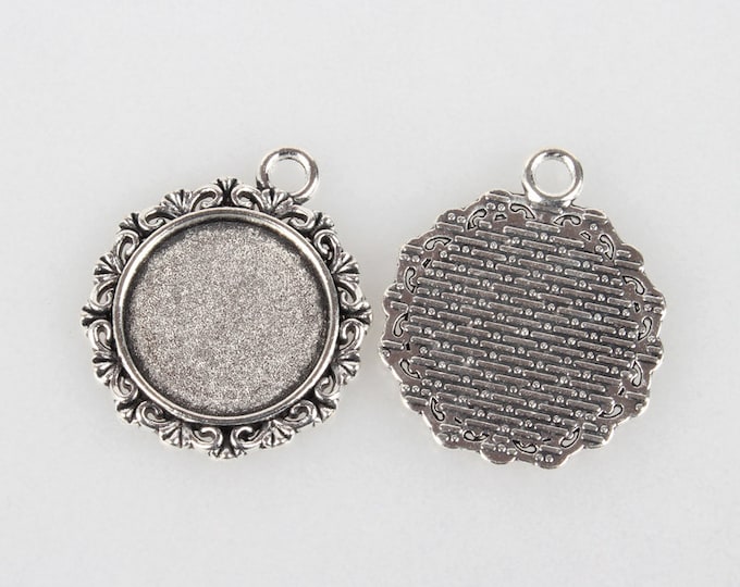 5 Antique Silver Cabochon Round Pendant Trays 30x25mm (Fits 18mm Cabs) (A363o)